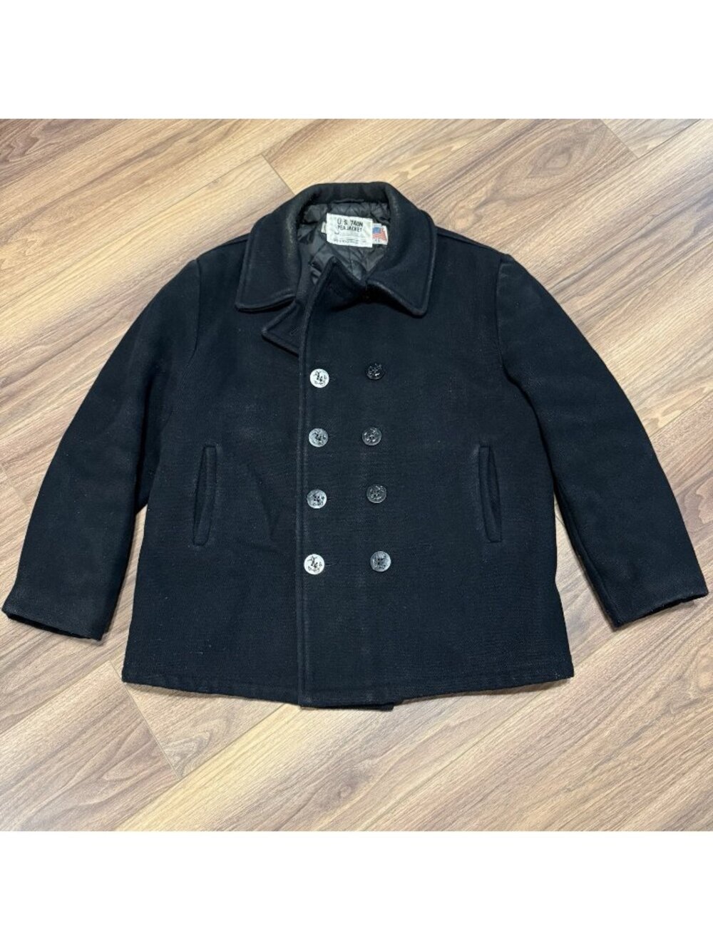 Schott NYC US 740N Men's Wool Black Military Pea Coat USN Jacket Men’s Size 48